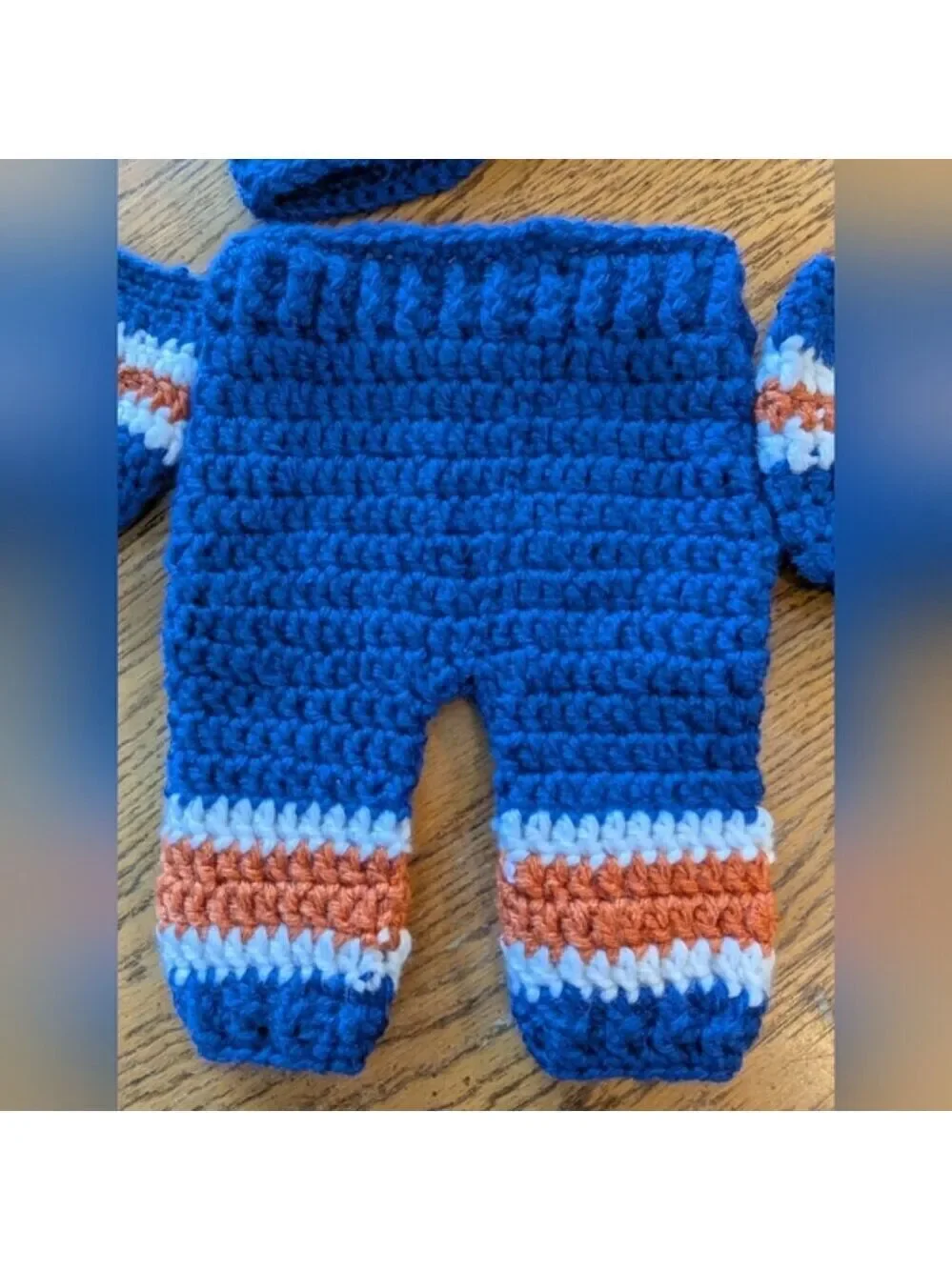 NHL hand-crocheted blue, orange and white HOCKEY infant knit set. 0-3 Months New